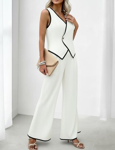 ZEEJINNG Women's 2 Piece Outfits Sleeveless Blazer Vest High Waist Pants Suit Contrast Business Casual Sets in Saudi Arabia