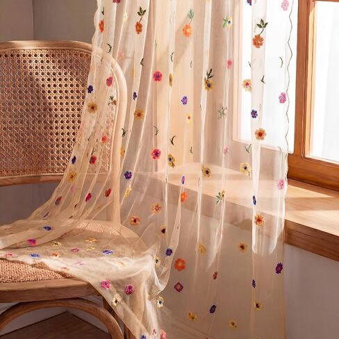 Gilprop White Floral Sheer Curtains for Window Embroidery Daisy Curtain Length 2 Panels Farmhouse Florals Vintage Seasonal Decor for Spring Summer Women Bedroom Living Room, 30 x 36 Inches in Kuwait
