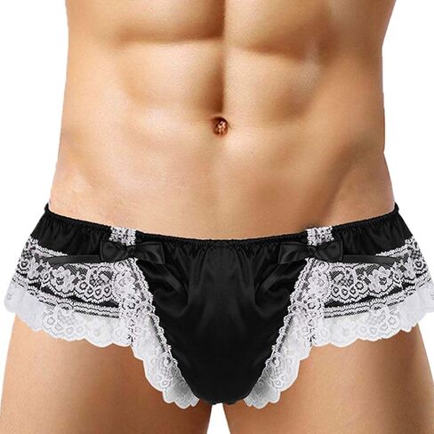 Femboy Men's Sexy Sissy Frilly Lingerie Low Rise Lace T-Back Thong Satin Underwear with Large Bow Accent in Kuwait