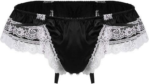 Femboy Men's Sexy Sissy Frilly Lingerie Low Rise Lace T-Back Thong Satin Underwear with Large Bow Accent in Kuwait