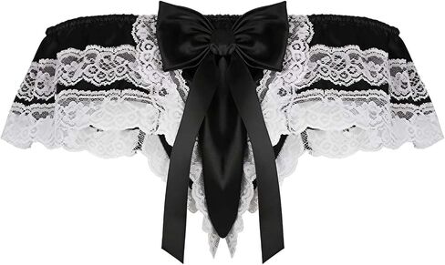 Femboy Men's Sexy Sissy Frilly Lingerie Low Rise Lace T-Back Thong Satin Underwear with Large Bow Accent in Kuwait