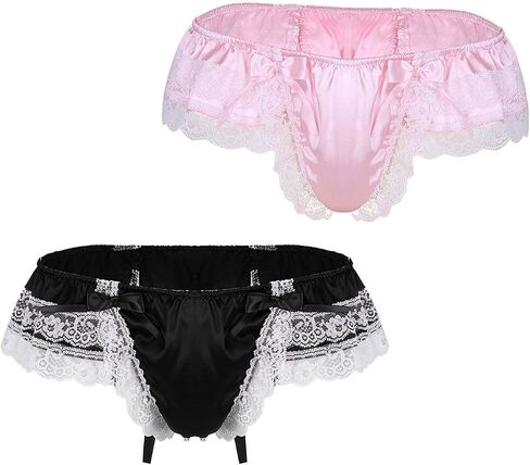 Femboy Men's Sexy Sissy Frilly Lingerie Low Rise Lace T-Back Thong Satin Underwear with Large Bow Accent in Saudi Arabia