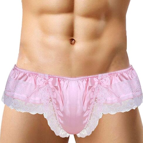 Femboy Men's Sexy Sissy Frilly Lingerie Low Rise Lace T-Back Thong Satin Underwear with Large Bow Accent in Kuwait
