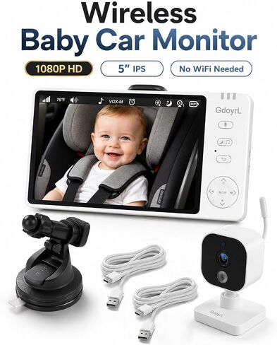 Wireless Baby Car Camera Monitor 5" HD 1080P IPS, 360° Rotating Camera with Auto/Manual Night Vision, 1000ft Range, Anti-Glare Display & USB Charging for Backseat, Home, Travel，Camping in Kuwait