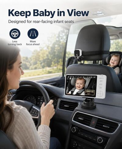 Wireless Baby Car Camera Monitor 5" HD 1080P IPS, 360° Rotating Camera with Auto/Manual Night Vision, 1000ft Range, Anti-Glare Display & USB Charging for Backseat, Home, Travel，Camping in Kuwait