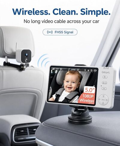 Wireless Baby Car Camera Monitor 5" HD 1080P IPS, 360° Rotating Camera with Auto/Manual Night Vision, 1000ft Range, Anti-Glare Display & USB Charging for Backseat, Home, Travel，Camping in Kuwait