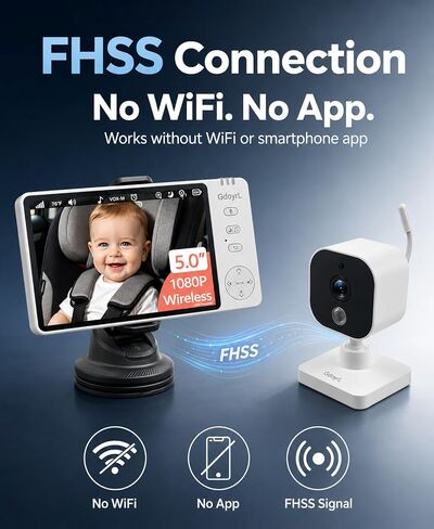 Wireless Baby Car Camera Monitor 5" HD 1080P IPS, 360° Rotating Camera with Auto/Manual Night Vision, 1000ft Range, Anti-Glare Display & USB Charging for Backseat, Home, Travel，Camping in Kuwait