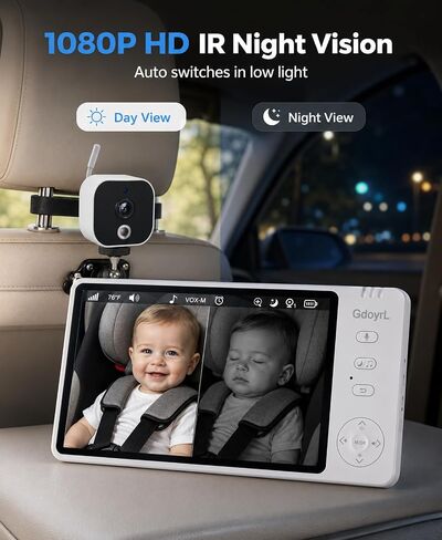 Wireless Baby Car Camera Monitor 5" HD 1080P IPS, 360° Rotating Camera with Auto/Manual Night Vision, 1000ft Range, Anti-Glare Display & USB Charging for Backseat, Home, Travel，Camping in Kuwait