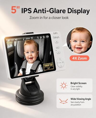 Wireless Baby Car Camera Monitor 5" HD 1080P IPS, 360° Rotating Camera with Auto/Manual Night Vision, 1000ft Range, Anti-Glare Display & USB Charging for Backseat, Home, Travel，Camping in Kuwait