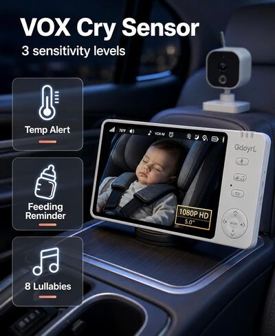 Wireless Baby Car Camera Monitor 5" HD 1080P IPS, 360° Rotating Camera with Auto/Manual Night Vision, 1000ft Range, Anti-Glare Display & USB Charging for Backseat, Home, Travel，Camping in Kuwait