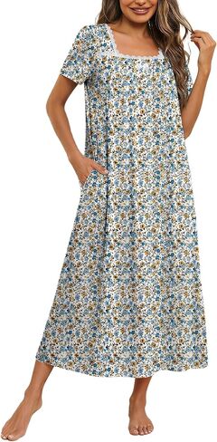 Ekouaer Cotton Long Nightgowns for Women House Dress with Pockets Short Sleeve Casual Night Gown Vintage Victorian Nightshirt in Saudi Arabia