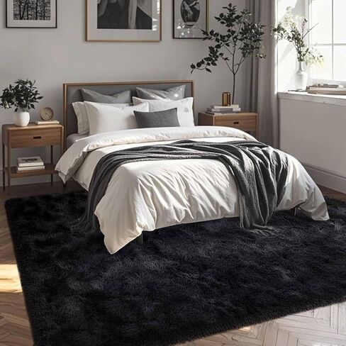 FinRèc Soft Black Area Rugs for Bedroom Living Room, 4x6 Feet Modern Indoor Fluffy Shaggy Rug, Non-Slip Fuzzy Furry Rug for Nursery Kids Room Dorm Room Home Decor, High Pile Plush Floor Carpet in Kuwait