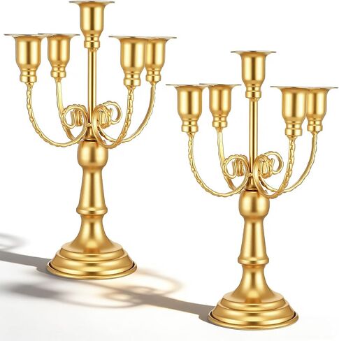 Set of 2 Gold Candelabra Centerpieces - 5 Arm 10" Iron Candle Holders for Taper Candles, Vintage Metal Candlestick Stands for Wedding Reception Table Decor, Christmas Dining Room Fireplace Mantel in Saudi Arabia
