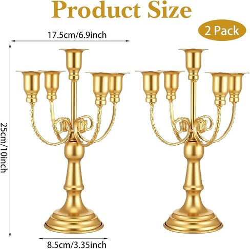 Set of 2 Gold Candelabra Centerpieces - 5 Arm 10" Iron Candle Holders for Taper Candles, Vintage Metal Candlestick Stands for Wedding Reception Table Decor, Christmas Dining Room Fireplace Mantel in Saudi Arabia