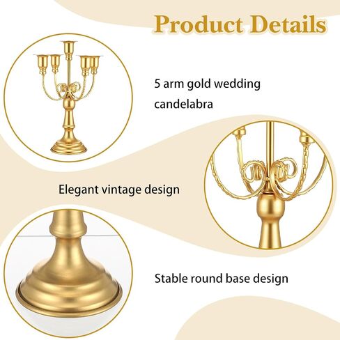 Set of 2 Gold Candelabra Centerpieces - 5 Arm 10" Iron Candle Holders for Taper Candles, Vintage Metal Candlestick Stands for Wedding Reception Table Decor, Christmas Dining Room Fireplace Mantel in Saudi Arabia