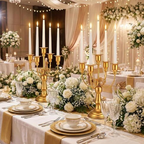 Set of 2 Gold Candelabra Centerpieces - 5 Arm 10" Iron Candle Holders for Taper Candles, Vintage Metal Candlestick Stands for Wedding Reception Table Decor, Christmas Dining Room Fireplace Mantel in Saudi Arabia