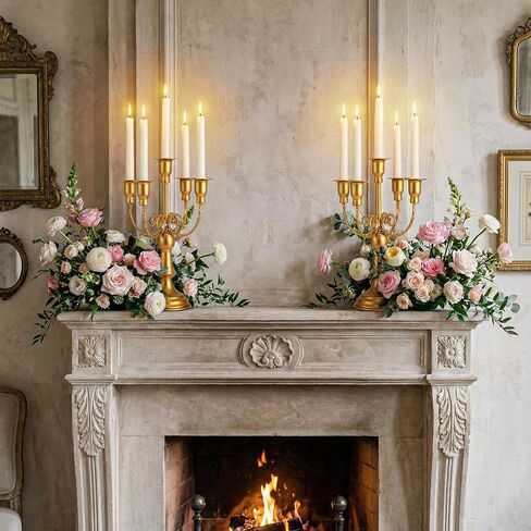 Set of 2 Gold Candelabra Centerpieces - 5 Arm 10" Iron Candle Holders for Taper Candles, Vintage Metal Candlestick Stands for Wedding Reception Table Decor, Christmas Dining Room Fireplace Mantel in Saudi Arabia