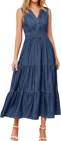 BerryGo Womens Denim Dress Sleeveless Jean Maxi Dress Empire Waist Flowy A Line Cowgirl Country Soft Chambray with Pockets in Kuwait