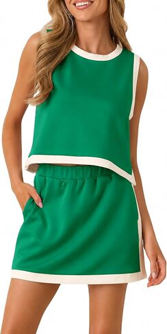 Women 2 Piece Skirt Set Colorblock Sleeveless Athletic Crop Top and High Waisted Sport Short Skorts in Saudi Arabia