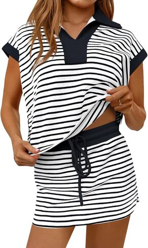 Fisoew إمرأة مخطط 2 قطعة وتتسابق عارضة البلوز تنورة مجموعة قصيرة الأكمام Skort تجريب مجموعة مطابقة صالة مجموعات in Kuwait