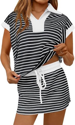 Fisoew إمرأة مخطط 2 قطعة وتتسابق عارضة البلوز تنورة مجموعة قصيرة الأكمام Skort تجريب مجموعة مطابقة صالة مجموعات in Kuwait