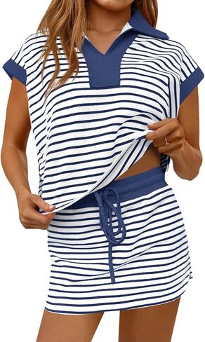 Fisoew إمرأة مخطط 2 قطعة وتتسابق عارضة البلوز تنورة مجموعة قصيرة الأكمام Skort تجريب مجموعة مطابقة صالة مجموعات in Kuwait