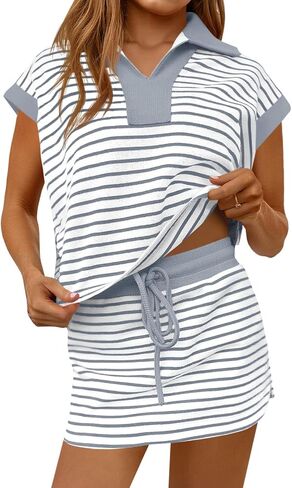 Fisoew إمرأة مخطط 2 قطعة وتتسابق عارضة البلوز تنورة مجموعة قصيرة الأكمام Skort تجريب مجموعة مطابقة صالة مجموعات in Kuwait