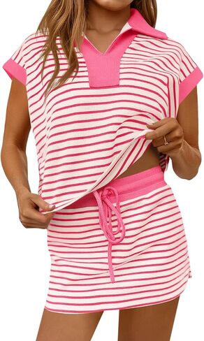 Fisoew إمرأة مخطط 2 قطعة وتتسابق عارضة البلوز تنورة مجموعة قصيرة الأكمام Skort تجريب مجموعة مطابقة صالة مجموعات in Kuwait
