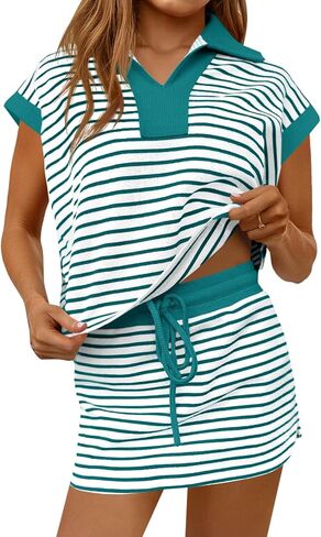 Fisoew إمرأة مخطط 2 قطعة وتتسابق عارضة البلوز تنورة مجموعة قصيرة الأكمام Skort تجريب مجموعة مطابقة صالة مجموعات in Kuwait