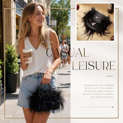 Women Ostrich Feather Clutch Purse Beaded Handbag Fluffy Feather Purse Fluffy Evening for Wedding Prom Banquet in Saudi Arabia