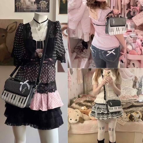 Polka Dot Piano Purse, Black Y2k Bow Purse, Kawaii Unique Crossbody Purses for Women, Coquette Fun Alt Funky 2000s Cute Purse, Jirai Kei Harajuku Gyaru Cutecore Whimsy Twee Lolita Fashion Accessories in Kuwait
