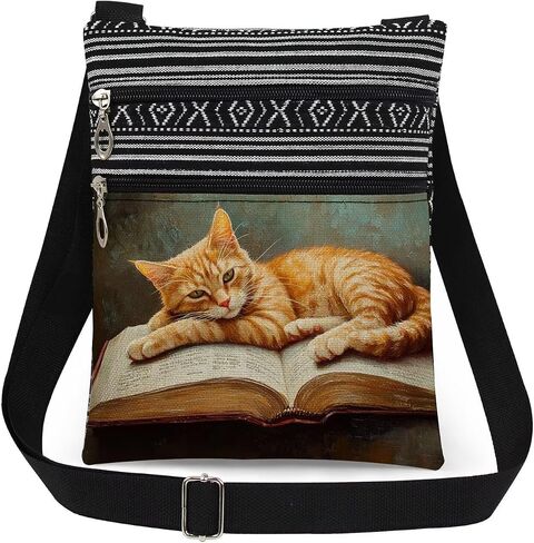 Orange Cat Book Print Crossbody Bag Adult Sisters Teens Travel Adjustable Shoulder Strap Messenger Bag Birthday Gift for Friend Animal Lovers Academic Enthusiast in Saudi Arabia