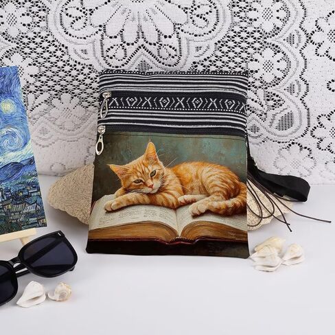 Orange Cat Book Print Crossbody Bag Adult Sisters Teens Travel Adjustable Shoulder Strap Messenger Bag Birthday Gift for Friend Animal Lovers Academic Enthusiast in Saudi Arabia