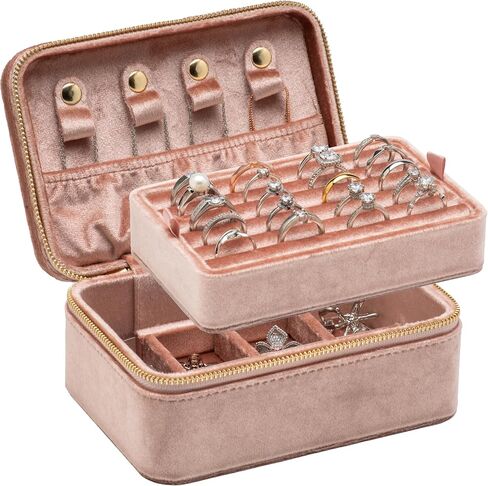 Velvet Travel Jewelry Organizer Box Ring Tray Holder with Zipper Around Portable Accessory Display Storage Case for Multiple Earrings Necklaces Bracelets (Red) in Saudi Arabia