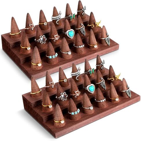 2 Pcs Wooden Ring Holder Ring Display Stand for Jewelry, Wood Ring Organizer Jewelry Counter Showcase for 36 Rings Storage Selling (Brown) in Saudi Arabia