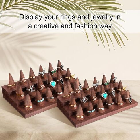 2 Pcs Wooden Ring Holder Ring Display Stand for Jewelry, Wood Ring Organizer Jewelry Counter Showcase for 36 Rings Storage Selling (Brown) in Saudi Arabia