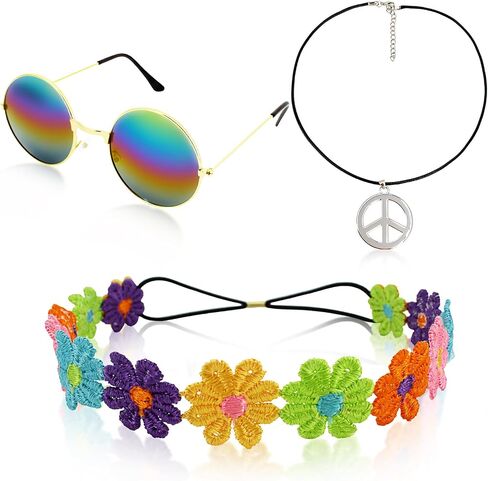 3 Pcs Hippie Costume Accessory for Women,70s Accessories Women Peace Sign Necklace,Headband Hair Wreath and Hippie Sunglasses Set,60s 70s Hippies Friends Gifts Disco Party Decorations Multicolored in Kuwait