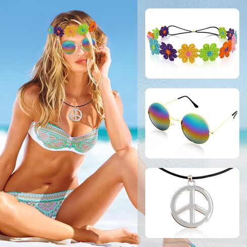 3 Pcs Hippie Costume Accessory for Women,70s Accessories Women Peace Sign Necklace,Headband Hair Wreath and Hippie Sunglasses Set,60s 70s Hippies Friends Gifts Disco Party Decorations Multicolored in Kuwait
