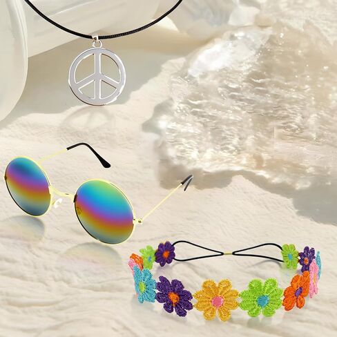 3 Pcs Hippie Costume Accessory for Women,70s Accessories Women Peace Sign Necklace,Headband Hair Wreath and Hippie Sunglasses Set,60s 70s Hippies Friends Gifts Disco Party Decorations Multicolored in Kuwait