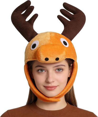 Clobeau Adult Stuffed Plush Moose Hat Funny Plush Reindeer Hat Animal Themed Headwear for Halloween Christmas Costume Events in Kuwait