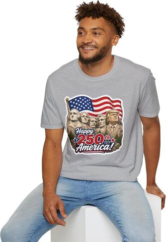 Trump on Mt. Rushmore Happy 250th America Cotton T-Shirt HD Printed Tee 4th of July Fourth America's Birthday in Kuwait
