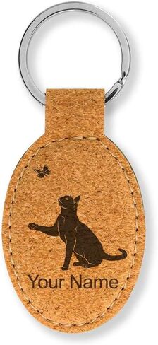 LaserGram Oval Keychain, Cat with Butterfly, Personalized Engraving Included in Saudi Arabia