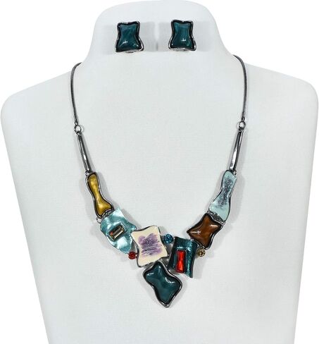 Women's Stunning Statement Collar Necklace Clip On Earrings Set Crystal Enamel Geometric Irregular Square Costume Jewelry in Saudi Arabia