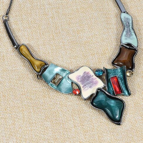 Women's Stunning Statement Collar Necklace Clip On Earrings Set Crystal Enamel Geometric Irregular Square Costume Jewelry in Saudi Arabia