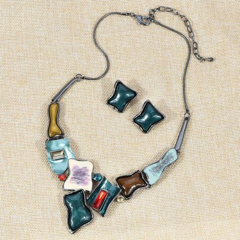 Women's Stunning Statement Collar Necklace Clip On Earrings Set Crystal Enamel Geometric Irregular Square Costume Jewelry in Saudi Arabia