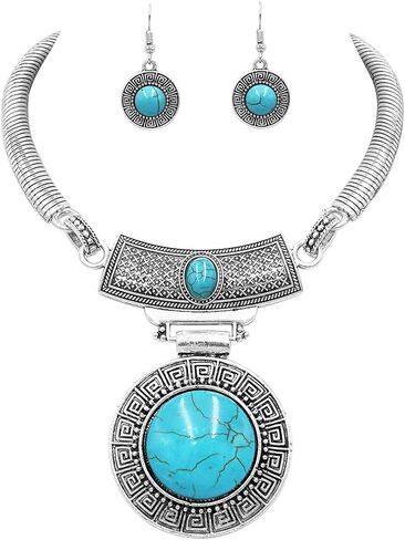 Rosemarie & Jubalee Women's Cowgirl Chic Western Style Large Statement Concho Medallion With Natural Turquoise Howlite Collar Necklace Earrings Set, 10"+3" Extender in Kuwait