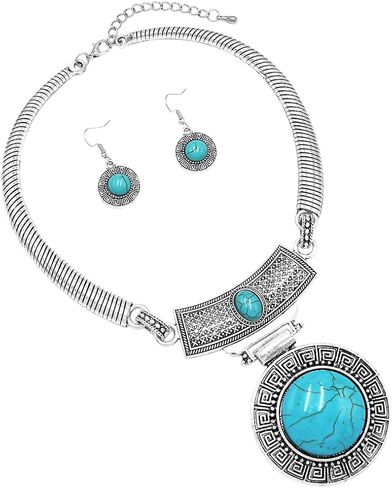 Rosemarie & Jubalee Women's Cowgirl Chic Western Style Large Statement Concho Medallion With Natural Turquoise Howlite Collar Necklace Earrings Set, 10"+3" Extender in Kuwait