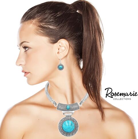 Rosemarie & Jubalee Women's Cowgirl Chic Western Style Large Statement Concho Medallion With Natural Turquoise Howlite Collar Necklace Earrings Set, 10"+3" Extender in Kuwait