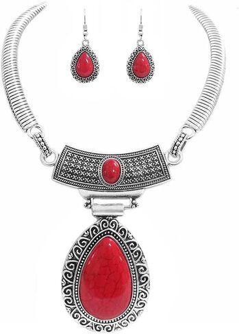 Rosemarie & Jubalee Women's Cowgirl Chic Western Style Large Statement Concho Medallion With Natural Turquoise Howlite Collar Necklace Earrings Set, 10"+3" Extender in Kuwait