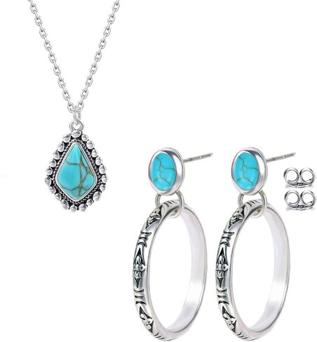 Colloca Turquoise Circle Earrings & Turquoise Pendant Necklace for Women, Western Bohemian Jewelry, Gifts Box Included in Saudi Arabia